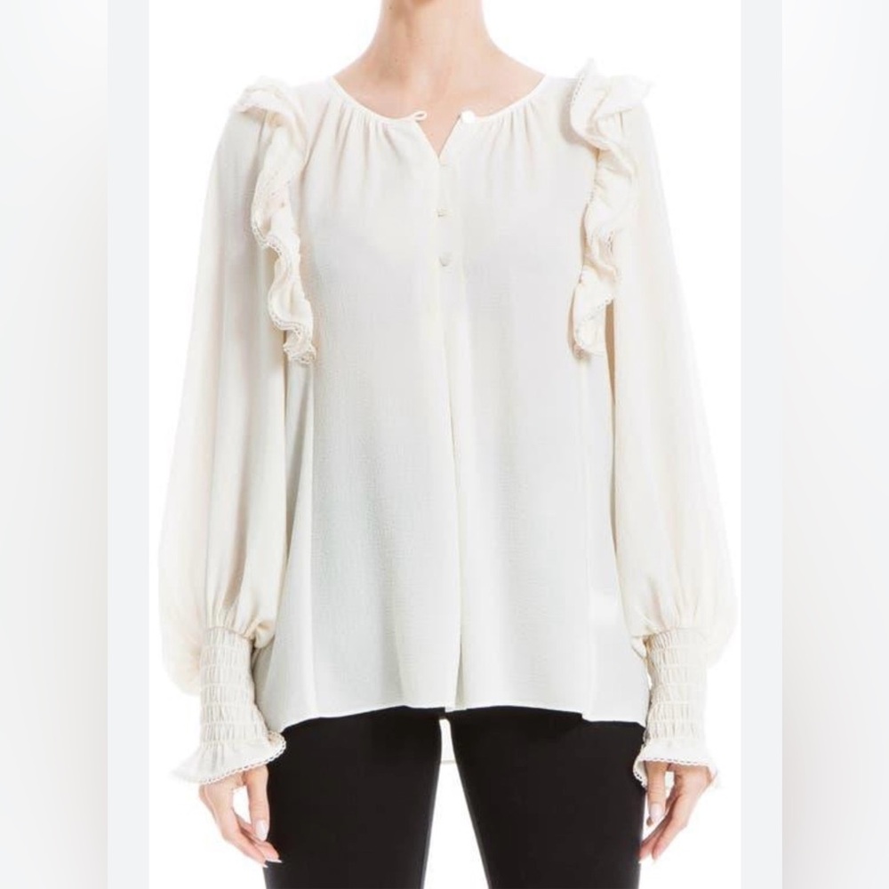 Cream Long-Sleeve Ruffle Blouse by Max Studio